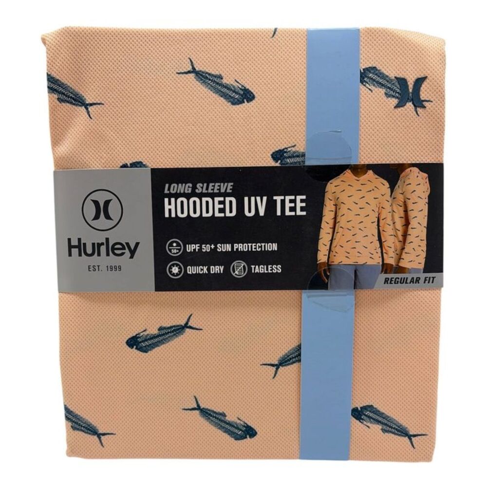 Hurley Men's  Hooded Regular Fit Long Sleeve Quick Dry Mesh UPF 50 Tee - Orange